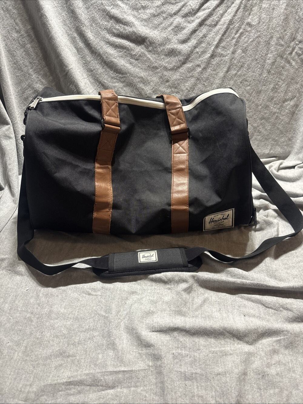Herschel Supply Co. Novel Duffle Bag Black & Brown Leather With Shoulder Strap